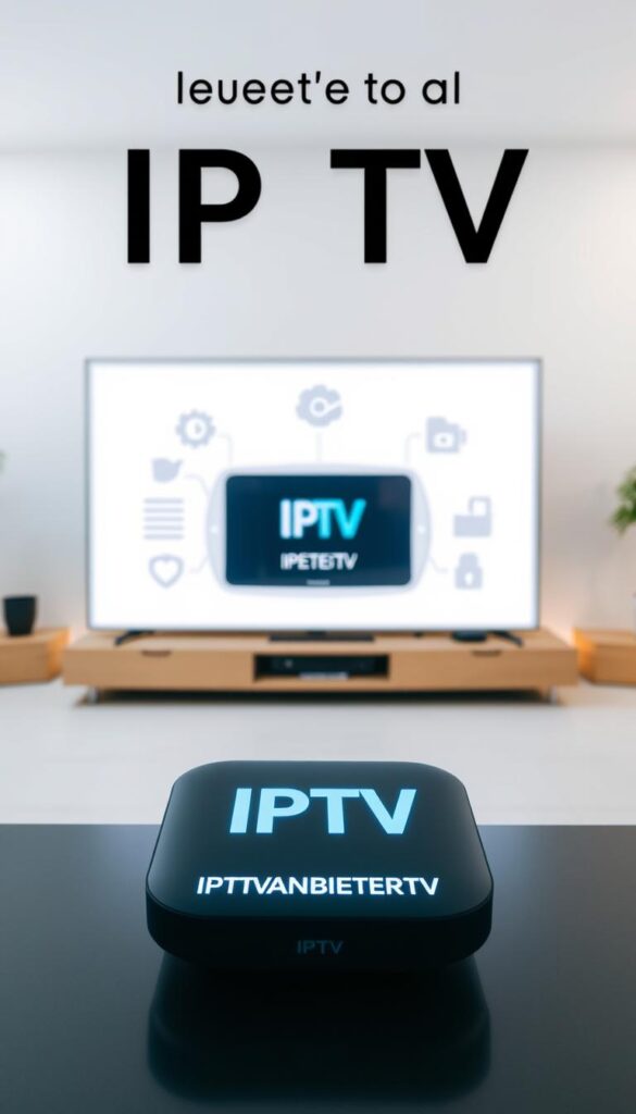 A sleek, minimalist digital display showcases the benefits of IPTV, with a clean, modern aesthetic. In the foreground, a crisp, high-resolution image of the IPTVANBIETERTV brand logo takes center stage, conveying a sense of professionalism and innovation. The middle ground features a series of icons and infographic elements, highlighting key IPTV advantages like on-demand content, seamless streaming, and versatile device compatibility. The background is a softly blurred, neutral-toned environment, allowing the IPTV features to take the spotlight. The overall composition is balanced, with a sense of depth and clarity, creating a visually appealing and informative representation of the IPTV Vorteile.