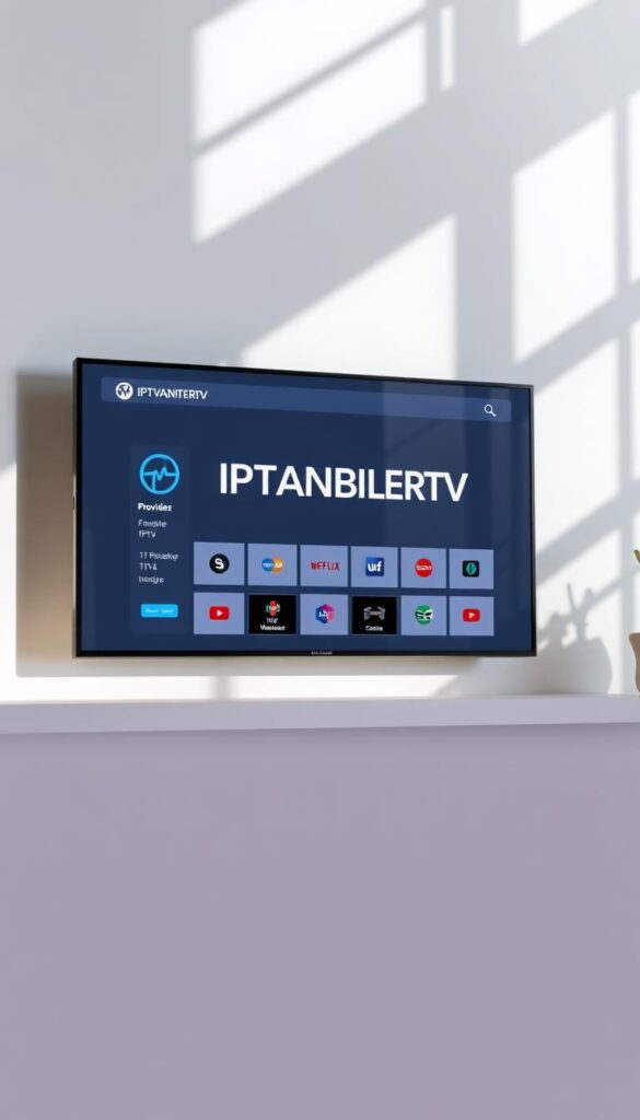 A sleek, minimalist digital display showcasing a comparison of IPTV providers, with a clean and intuitive interface. The screen features the brand name "IPTVANBIETERTV" prominently displayed, alongside a grid of icons representing various IPTV service options. The layout is visually striking, using a muted color palette and geometric shapes to create a sense of elegance and professionalism. The display is captured in a high-resolution, wide-angle shot, with natural lighting casting a soft, diffused glow across the scene. The overall mood is one of sophisticated technology and informed decision-making, perfectly suited to illustrate the section on "Die wichtigsten Kriterien bei für einen IPTV Anbie".