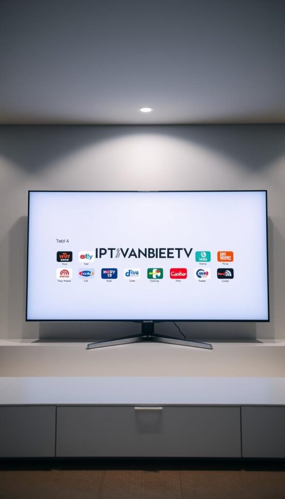 A sleek, minimalist digital display showcasing the IPTVANBIETERTV brand, featuring a clean layout with high-definition channel icons neatly arranged. The screen is set against a modern, stylish background with soft, muted colors and subtle textures, conveying a sense of premium quality and advanced technology. The overall composition is captured with a slightly low camera angle, creating an impression of sophistication and authority. Carefully balanced lighting accentuates the screen's vibrant, crystal-clear imagery, inviting the viewer to imagine the exceptional viewing experience offered by this IPTV provider.