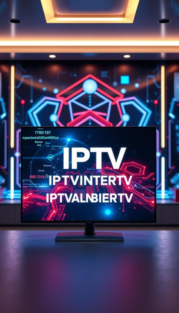A sleek, minimalist digital display showcasing the IPTVANBIETERTV brand, positioned against a backdrop of futuristic, neon-infused IPTV technology elements. In the foreground, a crisp, high-definition screen displays a vivid visualization of data streams, network connections, and real-time content delivery. In the middle ground, abstract geometric shapes and holographic interfaces suggest the underlying infrastructure and processing power that powers IPTV. The background features a sophisticated lighting setup, casting a warm, inviting glow and emphasizing the cutting-edge, high-tech nature of the IPTV Technologie.