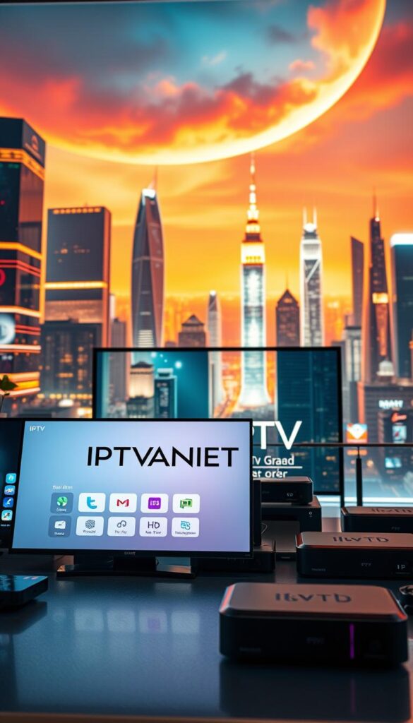 A sleek, minimalist digital display showcasing the IPTVANBIETERTV brand, positioned prominently in the foreground. The display features a clean, modern interface with intuitive controls and high-definition visuals, conveying the premium quality of IPTV services. In the middle ground, a collection of various streaming devices, such as set-top boxes and smart TVs, demonstrates the versatility of IPTV technology. The background depicts a vibrant, futuristic cityscape with towering skyscrapers and a glowing, neon-lit skyline, highlighting the advanced, cutting-edge nature of IPTV technology. The overall scene is bathed in a warm, inviting lighting, creating a sense of sophistication and technological innovation.