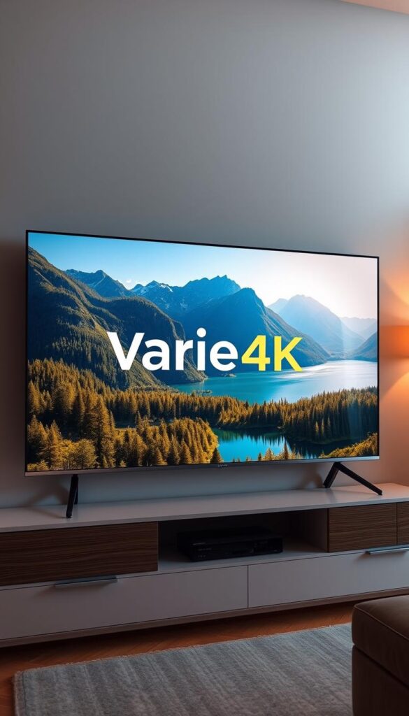 A sleek, minimalist digital display showcasing the IPTVANBIETERTV brand, prominently featuring the "Varie4K" logo. The screen depicts a vibrant, ultra-high-definition landscape with lush forests, majestic mountains, and a serene, shimmering lake. The image is bathed in warm, directional lighting, creating depth and a sense of realism. The overall composition conveys a premium, high-quality aesthetic, perfectly suited to illustrate the article's section on the best 4K IPTV providers in Germany.