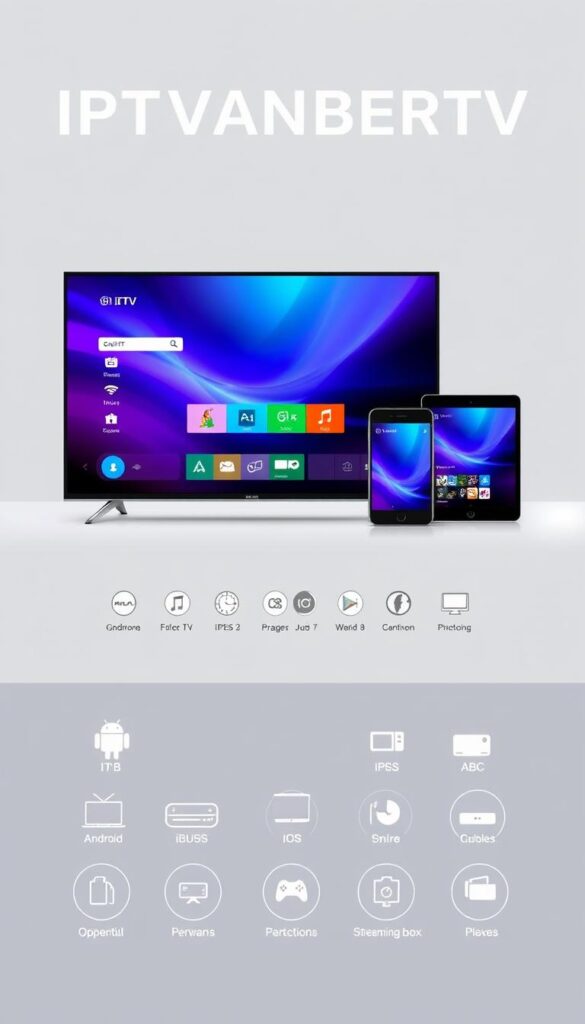 A sleek, minimalist digital display showcasing the compatibility of IPTVANBIETERTV across various devices and platforms. In the foreground, a high-resolution rendering of a smart TV, tablet, and smartphone seamlessly integrated, their screens reflecting a vibrant, high-quality IPTV interface. The middle ground features a subtle, elegant grid of icons representing compatible operating systems and device types, from Android and iOS to gaming consoles and streaming boxes. The background is a clean, neutral gradient, allowing the devices and compatibility information to take center stage. Subtle lighting and crisp, detailed textures lend a sense of premium, high-tech aesthetics to the scene.