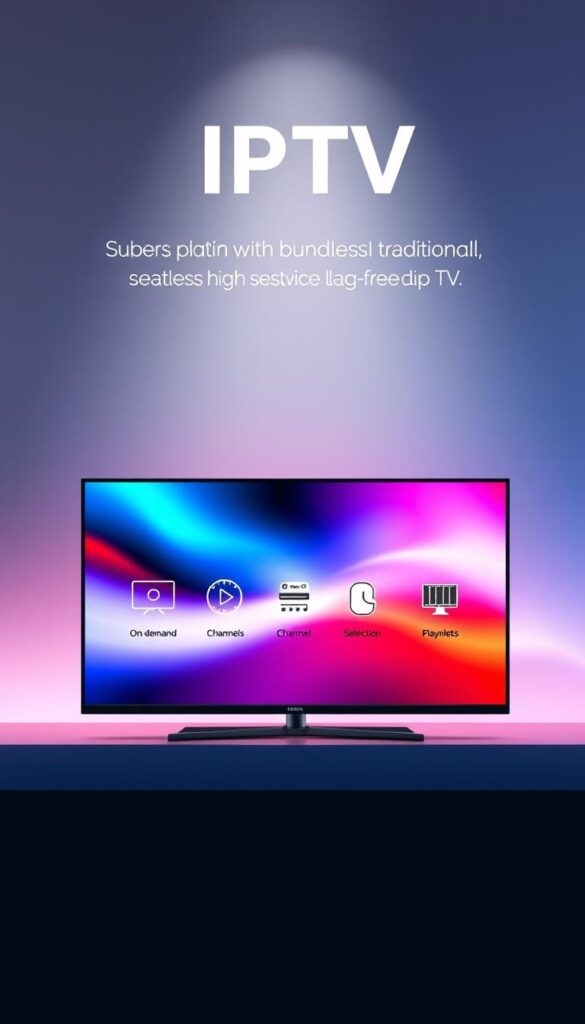 A sleek, minimalist digital display showcasing the key advantages of IPTV over traditional TV services. In the foreground, a clean-lined monitor presents vibrant, high-definition visuals with seamless, lag-free playback. The middle ground features stylized icons symbolizing IPTV's on-demand content, diverse channel selection, and personalized viewing experience. In the background, a soft, ethereal gradient evokes the boundless, cloud-based nature of IPTV technology. Lighting is soft and diffused, creating a sense of sophistication and modernity. The overall composition conveys the IPTV ANBIETER TV brand's commitment to innovation, flexibility, and user-centric design.