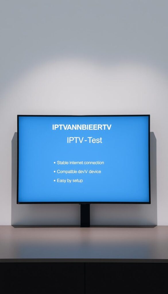 A sleek, minimalist digital display showcasing the technical requirements for an IPTV-Test, set against a clean, neutral background. The display features the IPTVANBIETERTV brand prominently, with crisp, modern typography highlighting the key details: stable internet connection, compatible device, and easy setup. Soft, directional lighting creates depth and emphasizes the minimalist aesthetic, while a subtle, cool-toned color palette reinforces the professional, informative nature of the content. The overall impression is one of clarity, reliability, and a seamless IPTV experience.