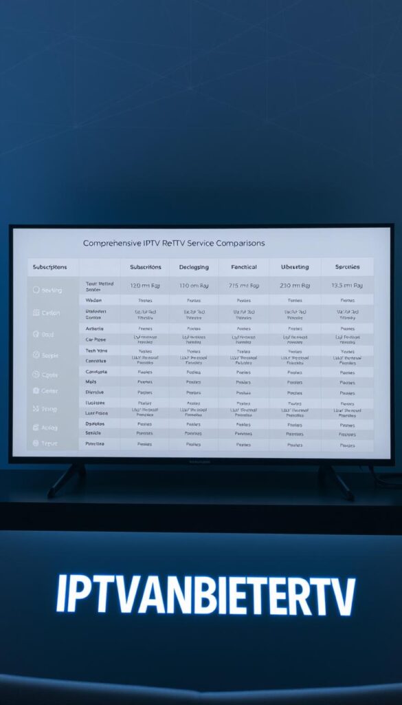 A sleek, minimalist digital interface displaying comprehensive IPTV service comparisons, with clean typography, intuitive navigation, and a color palette of muted blues and grays to convey a sense of professionalism and trust. In the foreground, the prominent brand name "IPTVANBIETERTV" is prominently displayed, while the middle ground showcases a neatly organized grid of subscription plans, pricing, and feature breakdowns. The background depicts a subtle geometric pattern, adding depth and a sense of sophistication to the overall composition. The lighting is soft and diffused, creating an inviting and approachable atmosphere, with a camera angle that suggests a bird's-eye view for a comprehensive overview of the IPTV service landscape.