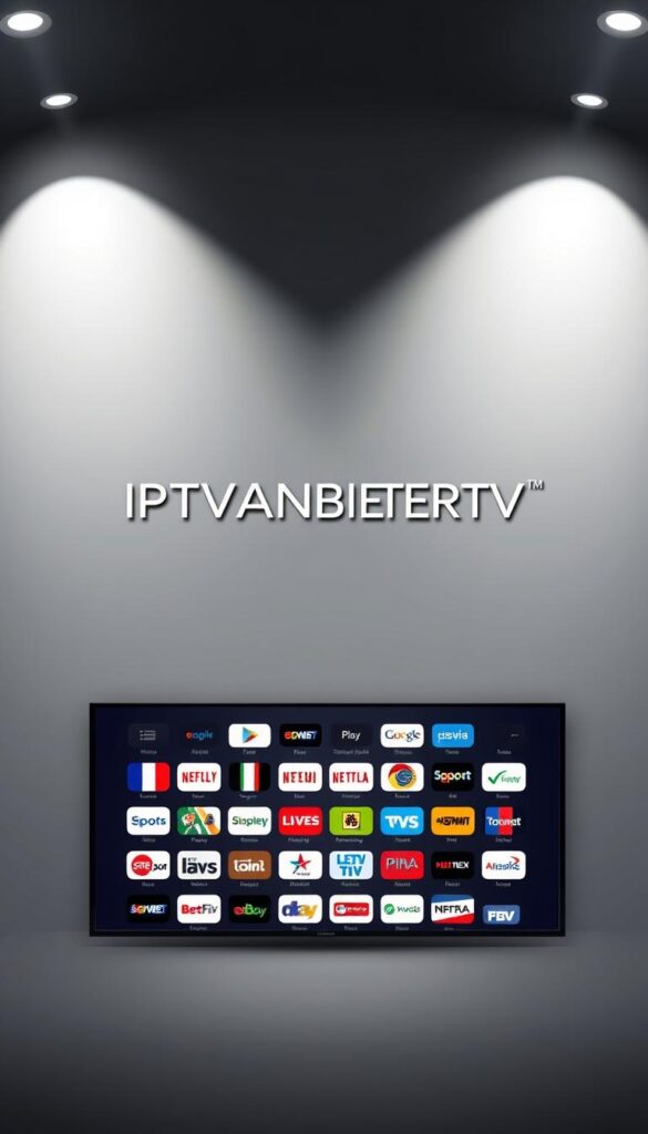 A sleek, minimalist digital interface displaying the branded "IPTVANBIETERTV" logo against a stylish gradient background. The UI showcases a grid of international channel logos, from news networks to sports and entertainment channels, hinting at the diverse global content available. Subtle lighting effects and a clean, modern aesthetic convey a sense of high-tech sophistication. The overall composition evokes the seamless experience of accessing a wide range of international programming from a single, intuitive platform.