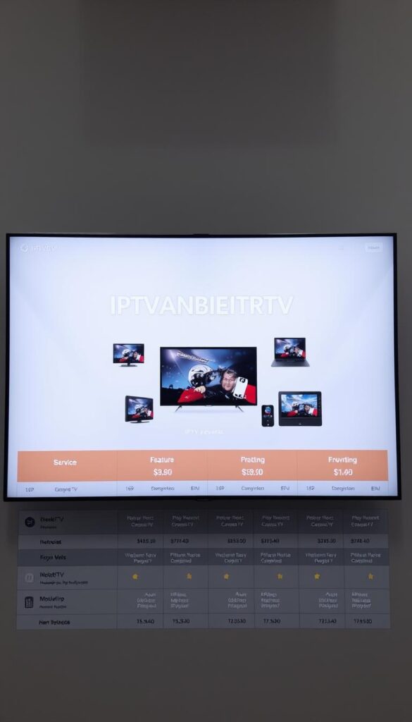 A sleek, minimalist digital interface showcasing a comprehensive comparison of IPTV providers, with the prominent "IPTVANBIETERTV" brand at the center. The layout features clean lines, intuitive icons, and a neutral color palette that conveys professionalism and attention to detail. In the foreground, neatly arranged service details, feature comparisons, and pricing information create a visually appealing and informative display. The middle ground presents a series of on-screen devices, such as smart TVs and mobile devices, demonstrating the versatility of the IPTV offerings. In the background, a subtle gradient or abstract pattern adds depth and visual interest, while maintaining the overall simplicity and focus on the key information. The lighting is soft and evenly distributed, creating a balanced and visually harmonious composition.