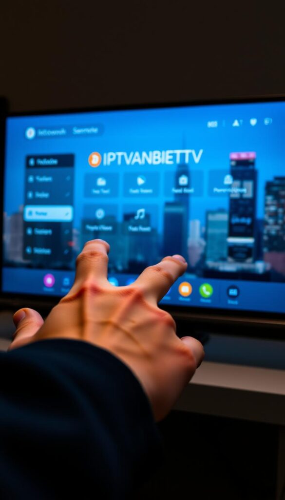 A sleek, minimalist digital interface showcasing the IPTVANBIETERTV brand and its secure Bitcoin payment options. The screen displays a clean, user-friendly dashboard with intuitive controls, crisp iconography, and a sophisticated color palette of blues and grays. In the foreground, a close-up view of a hand making a touchscreen gesture, symbolizing the effortless, cashless transaction. The background features a blurred cityscape, conveying a sense of modernity and progress. Soft, directional lighting illuminates the scene, creating depth and highlighting the tactile, premium feel of the device. The overall impression is one of seamless, cutting-edge technology that empowers the user to enjoy IPTV services with the convenience of cryptocurrency.