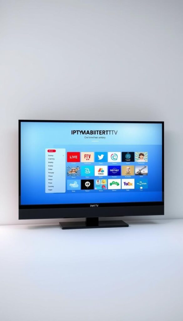 A sleek, minimalist digital interface showcasing the IPTVANBIETERTV brand, featuring a clean, uncluttered layout with intuitive navigation controls. The screen displays a vivid, high-definition TV channel grid, conveying the seamless integration of IPTV technology with the internet. Subtle lighting and shadows create depth and a sense of three-dimensionality, while a muted color palette of blues, grays, and whites evokes a modern, sophisticated aesthetic. The overall impression is one of efficient, user-friendly IPTV service, seamlessly bridging the gap between traditional television and the digital world.