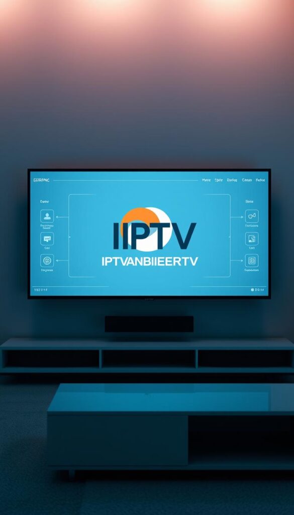 A sleek, minimalist digital interface showcasing the core IPTV Technologie, with a stylized IPTVANBIETERTV logo prominently displayed. The scene is bathed in a soft, ambient lighting, creating a modern and inviting atmosphere. The interface features clean lines, intuitive icons, and a responsive, high-definition display, conveying the seamless, real-time experience of IPTV. The background is a subtle gradient, allowing the technology to take center stage. The overall composition is balanced, showcasing the innovative and user-friendly nature of IPTV Technologie.