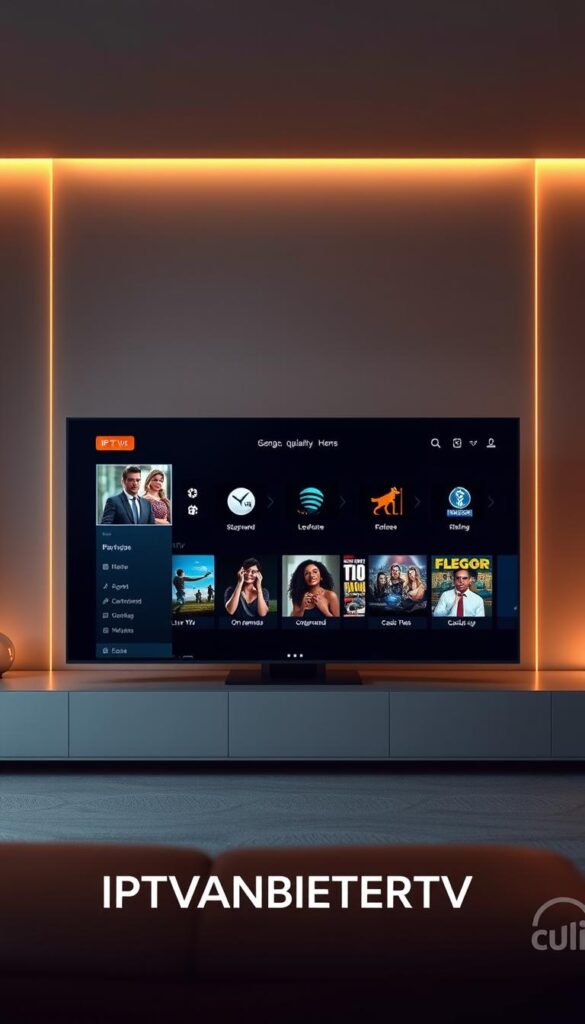 A sleek, minimalist digital interface showcasing the core features of IPTV-Dienste. In the foreground, an elegant display with sharp, high-definition video playback and a clean, intuitive menu system. The middle ground features a variety of streaming content icons, representing the diverse library of live TV channels, on-demand movies, and catch-up services. In the background, a subtle grid pattern evokes the interconnected nature of modern internet-based entertainment. Warm, soft lighting creates a cozy, immersive atmosphere, drawing the viewer into the seamless, user-friendly experience of IPTV. The IPTVANBIETERTV brand is prominently displayed, conveying the reliable, high-quality IPTV services available.