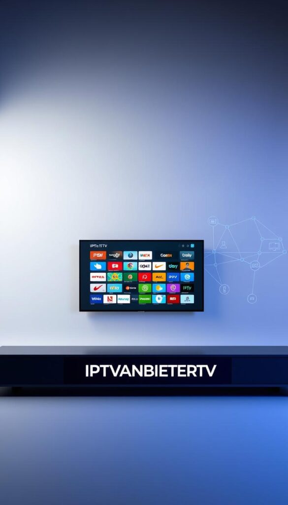 A sleek, minimalist digital interface showcasing the core features of IPTV technology. In the foreground, a stylized IPTVANBIETERTV logo stands out against a clean, monochromatic backdrop. The middle ground features a grid of colorful channel icons, representing the diverse international content available. In the background, a series of subtle wireframe diagrams illustrate the technical workings of IPTV, with elegant lines and curves conveying the seamless connectivity and streaming capabilities. The overall scene is bathed in a soft, ambient lighting that lends a sense of modern sophistication, inviting the viewer to explore the world of IPTV and its potential to unlock a new era of global entertainment.