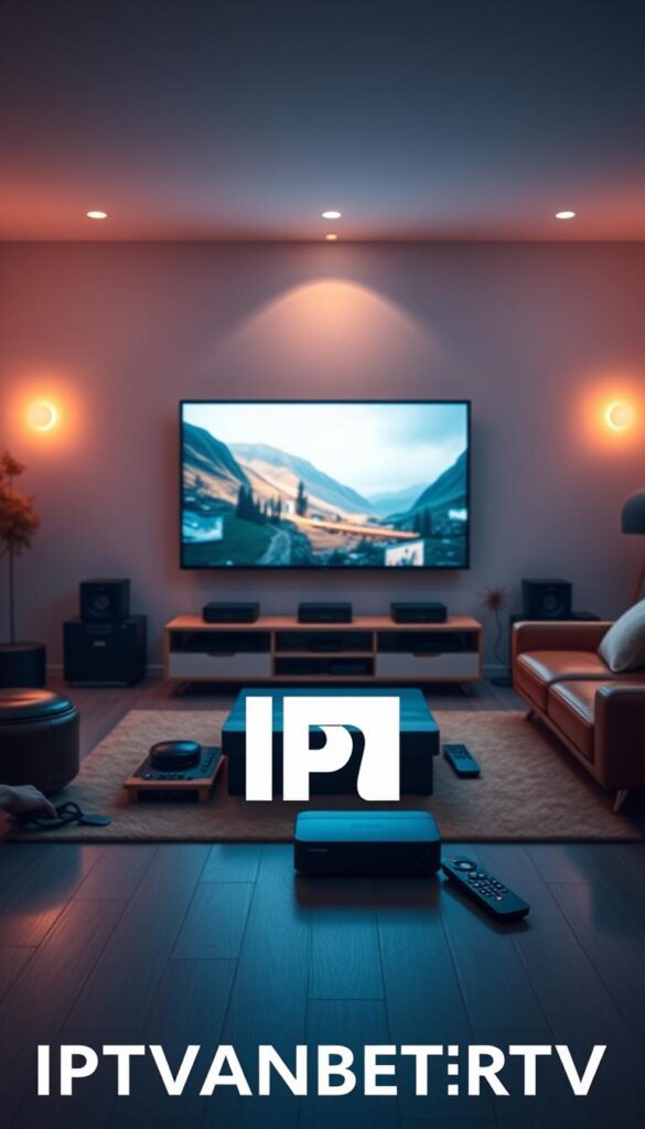 A sleek, minimalist digital living room setup with a large, high-definition TV display showcasing the advantages of IPTV technology. The room is bathed in warm, ambient lighting from hidden sources, creating a cozy and inviting atmosphere. In the foreground, the IPTVANBIETERTV logo is prominently displayed, subtly integrated into the scene. The middle ground features various streaming devices, remote controls, and other IPTV peripherals, highlighting the flexibility and convenience of the platform. The background showcases a vast, curated library of content, hinting at the expansive entertainment options available through IPTV. The overall composition conveys a sense of modern, seamless, and personalized home entertainment.