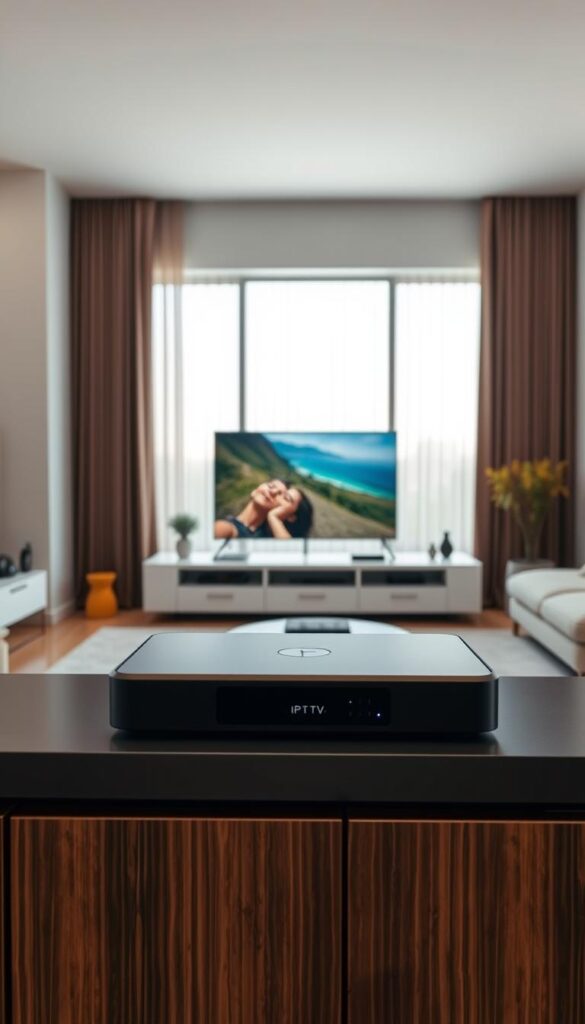 A sleek, minimalist digital living room showcasing the latest IPTV streaming technology. In the foreground, an IPTVANBIETERTV set-top box sits atop a modern entertainment unit, its clean lines and subdued colors blending seamlessly with the surrounding decor. The middle ground features a large, high-definition television displaying crisp, vibrant visuals, conveying the exceptional image quality of IPTV. In the background, floor-to-ceiling windows flood the space with warm, natural light, creating a serene and inviting atmosphere. The overall scene exudes a sense of technological sophistication and domestic comfort, perfectly capturing the essence of IPTV as a transformative home entertainment solution.