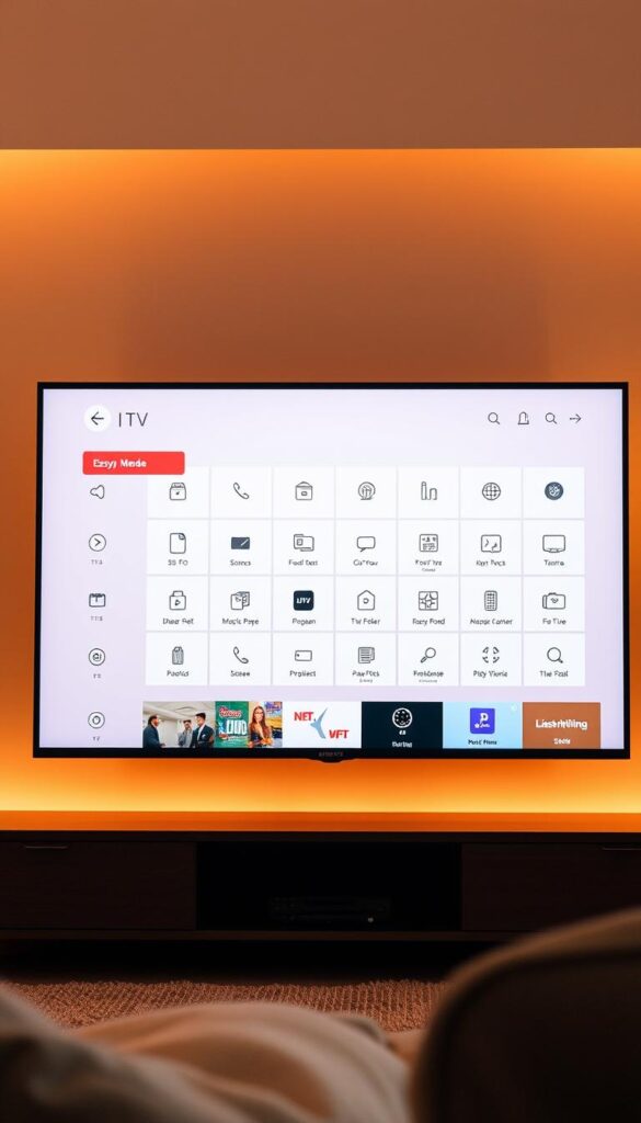 A sleek, minimalist electronic program guide interface for IPTVANBIETERTV, showcasing a clean grid layout with intuitive navigation. The screen is bathed in a soft, warm glow, creating a cozy, inviting atmosphere. Crisp, high-resolution icons and text convey program information clearly. The layout is designed for easy browsing, with elegant transitions and subtle animations that guide the user's experience. The overall aesthetic is sophisticated and modern, reflecting the premium quality of the IPTV service. The scene is captured from a slightly low angle, giving a sense of depth and emphasizing the guide's user-friendly, immersive nature.
