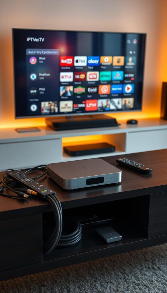 A sleek, minimalist home entertainment setup with a modern IPTVANBIETERTV device prominently displayed on a dark wooden media console. The device is surrounded by various cables, remotes, and other accessories neatly organized. Warm, indirect lighting illuminates the scene, creating a cozy and inviting atmosphere. In the background, a large smart TV displays the IPTV interface, showcasing the wide range of channels and on-demand content available. The overall composition conveys a sense of seamless integration and effortless IPTV installation and setup.