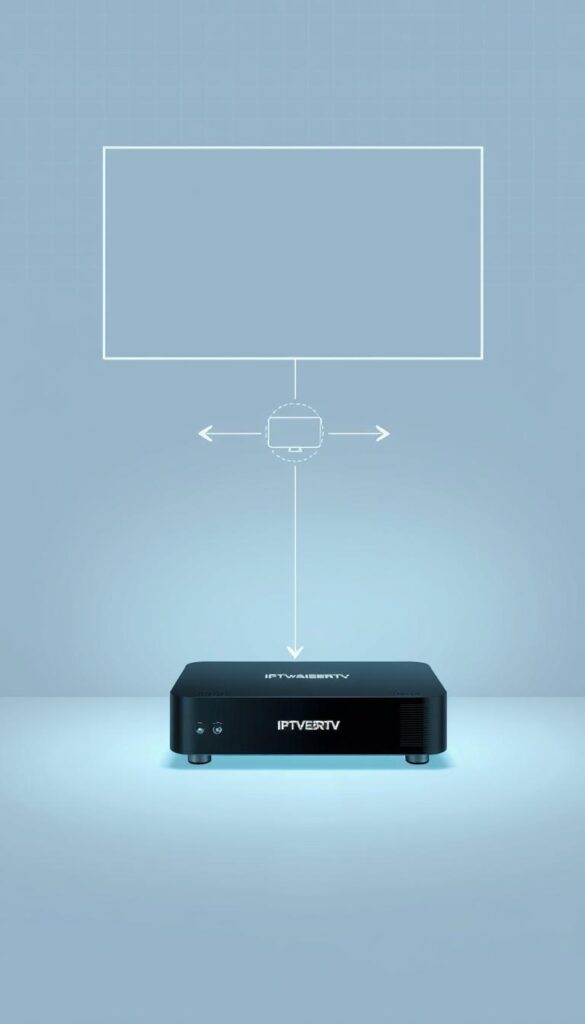 A sleek, minimalist illustration depicting the inner workings of an IPTV system. In the foreground, a stylized IPTVANBIETERTV device sits atop a clean, white surface, its edges softly illuminated. The midground showcases a simplified diagram of the IPTV signal flow, with arrows and icons representing the transmission of data from content servers to the end user's device. The background features a subtle grid or wireframe pattern, hinting at the underlying digital infrastructure that powers the IPTV technology. The overall mood is one of efficiency, clarity, and technological sophistication, complementing the "how it works" theme of the article section.