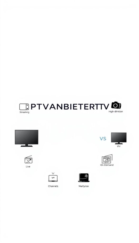 A sleek, minimalist illustration showcasing the IPTVANBIETERTV brand and its IPTV service offerings. Set against a clean, white background, the composition features a large, prominently displayed "IPTVANBIETERTV" logo in a modern, sans-serif typeface. Surrounding the logo are various icons and graphics representing the key features and benefits of the IPTV service, such as high-definition streaming, live TV channels, on-demand content, and multi-device compatibility. The overall aesthetic is crisp, professional, and designed to convey the reliability, versatility, and technological sophistication of the IPTVANBIETERTV IPTV platform.