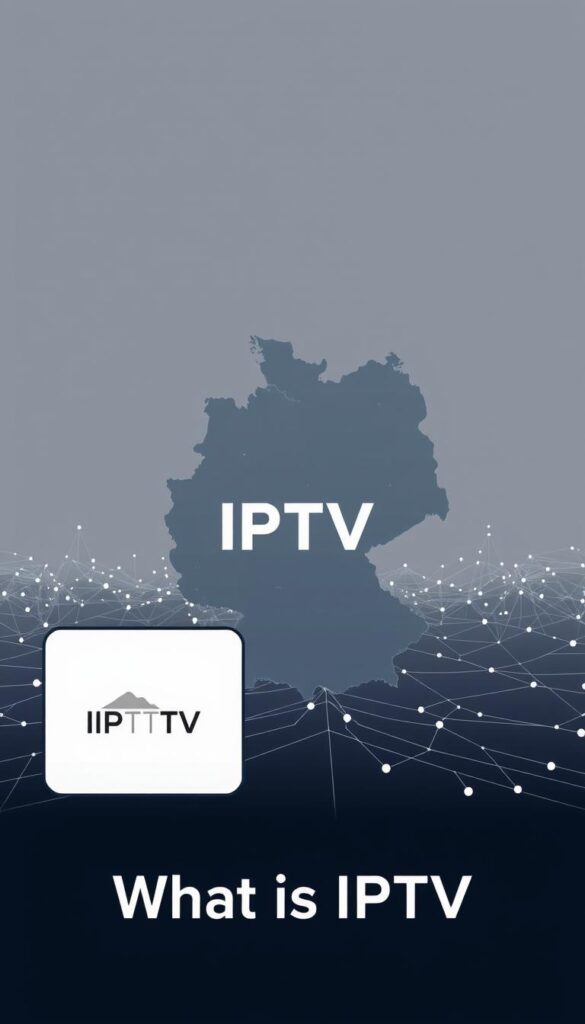 A sleek, minimalist illustration showcasing the concept of IPTV (Internet Protocol Television) in Germany. In the foreground, the brand "IPTVANBIETERTV" prominently displays its logo, conveying a sense of professionalism and reliability. The middle ground features a stylized map of Germany, with key cities and regions highlighted, suggesting the nationwide availability of IPTV services. In the background, a subtle digital landscape of network connections and data streams creates a techno-futuristic atmosphere, emphasizing the modern, internet-based nature of IPTV. The overall composition is well-balanced, with a clean and modern aesthetic that aligns with the "What is IPTV" section title.