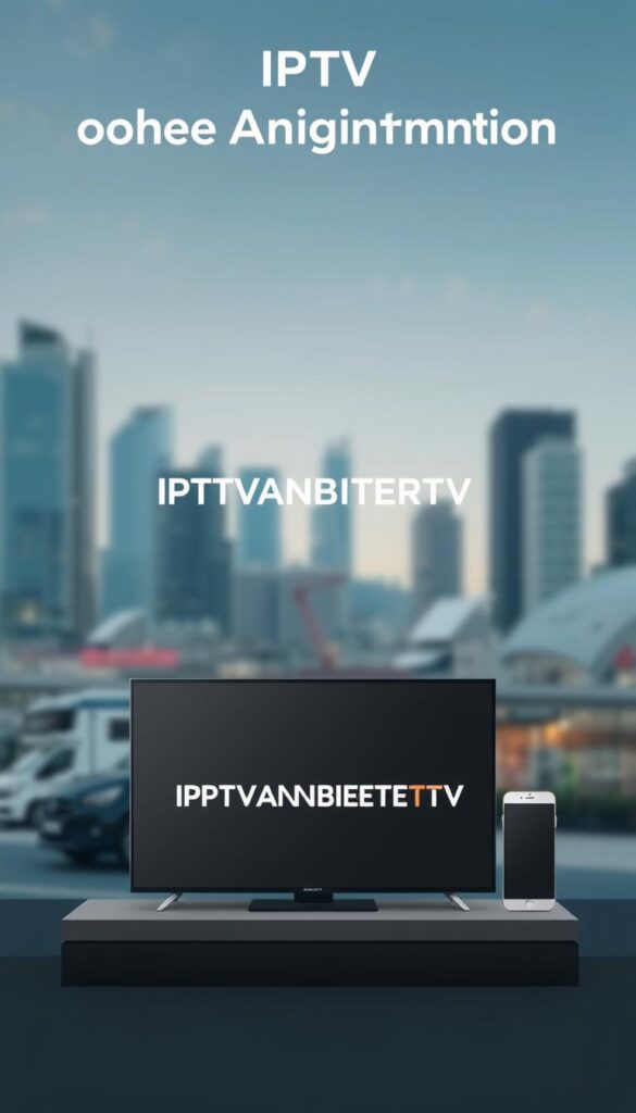 A sleek, minimalist illustration showcasing the concept of "IPTV ohne Anmeldung" (IPTV without registration). In the foreground, a modern smart TV displays the IPTVANBIETERTV brand logo, conveying the ease of access. The middle ground features a laptop and smartphone, symbolizing the various devices compatible with this IPTV service. The background depicts a serene, blurred urban skyline, hinting at the wide availability of this IPTV solution. The overall mood is one of simplicity, accessibility, and the convenience of enjoying IPTV without the need for registration or lengthy sign-up processes.