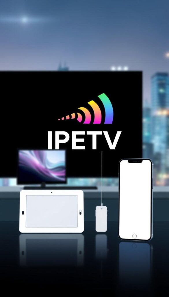 A sleek, minimalist illustration showcasing the core elements of IPTV technology. In the foreground, a stylized, futuristic IPTVANBIETERTV logo hovers, its elegant lines and vibrant hues commanding attention. In the middle ground, a series of interconnected digital devices - a smart TV, a tablet, and a smartphone - demonstrate the seamless integration of IPTV, allowing users to access content on the go. The background features a softly blurred, high-tech cityscape, hinting at the ubiquity and versatility of IPTV in the modern, digitally-driven world. The overall composition conveys a sense of technological sophistication, connectivity, and the power of IPTV to revolutionize the way we consume and enjoy media.