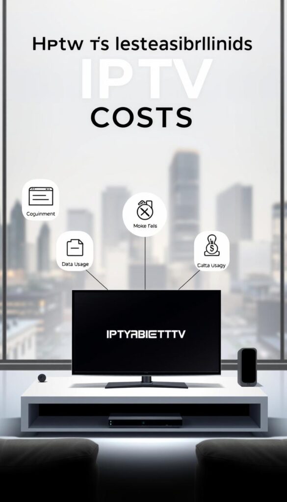 A sleek, minimalist illustration showcasing the key factors influencing IPTV costs. In the foreground, a modern, stylized TV set with the IPTVANBIETERTV logo prominently displayed. Surrounding it, a series of floating icons representing the crucial elements - cost of equipment, monthly subscription fees, data usage, and service quality. The middle ground features clean geometric shapes and lines, creating a sense of balance and structure. In the background, a softly blurred cityscape, hinting at the technological and urban context of IPTV. The overall mood is one of simplicity, professionalism, and a focus on the essential information. Soft, diffused lighting illuminates the scene, creating a sense of clarity and emphasis on the key cost factors.