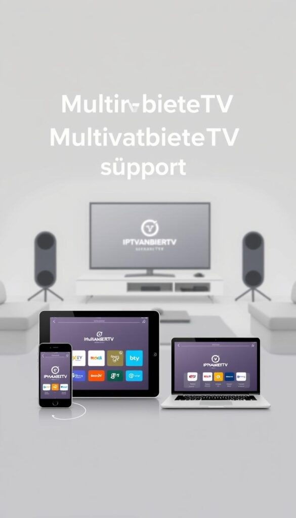 A sleek, minimalist illustration showcasing the multi-device support capabilities of IPTVANBIETERTV. In the foreground, a tablet, smartphone, and laptop are seamlessly connected, their screens displaying the IPTVANBIETERTV interface. The middle ground features a modern living room setting, with a large smart TV prominently displaying the IPTVANBIETERTV logo. The background is a soft, gradient-based environment, creating a sense of depth and emphasizing the versatility of the IPTVANBIETERTV platform. The overall composition conveys a clean, technologically advanced, and user-friendly experience, aligning with the section title "Multigeräte-Unterstützung bei IPTVanbieterTV".