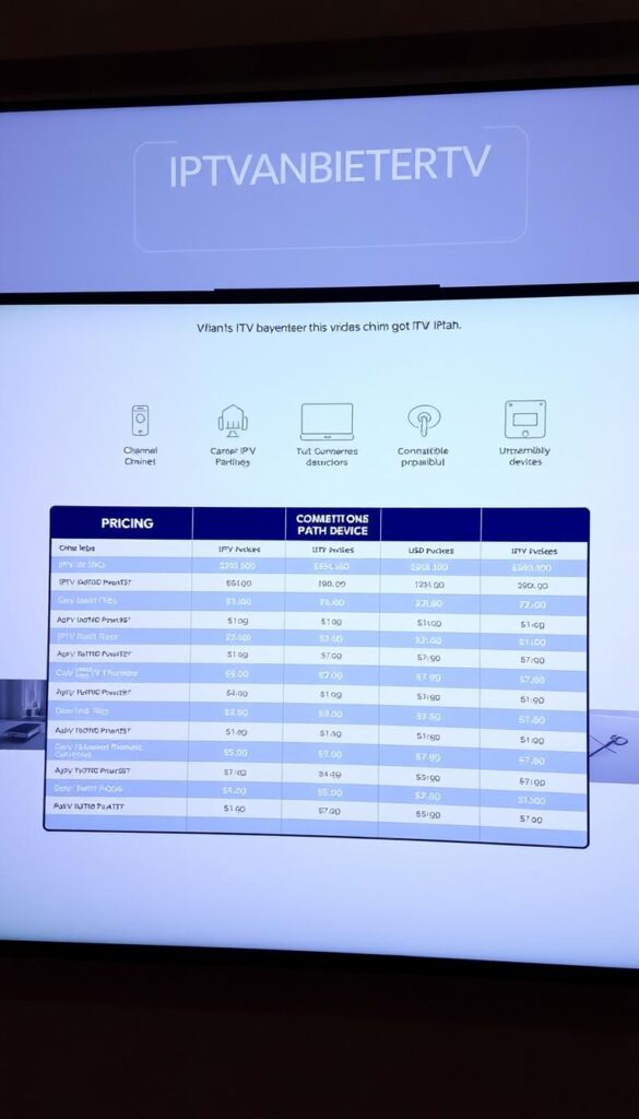 A sleek, minimalist image showcasing the pricing and plans of IPTVANBIETERTV, the leading IPTV provider. Set against a soft, neutral background, the foreground features a clean, well-organized table displaying the various IPTV package options, with clear pricing, channel counts, and feature details. The middle ground includes stylized icons and infographic elements to visually communicate the benefits of IPTV, such as compatibility across devices. The background subtly suggests the idea of TV entertainment, with a faint outline of a TV screen or living room setting. The overall tone is professional, informative, and inviting, highlighting IPTVANBIETERTV as the go-to choice for reliable, affordable IPTV services.