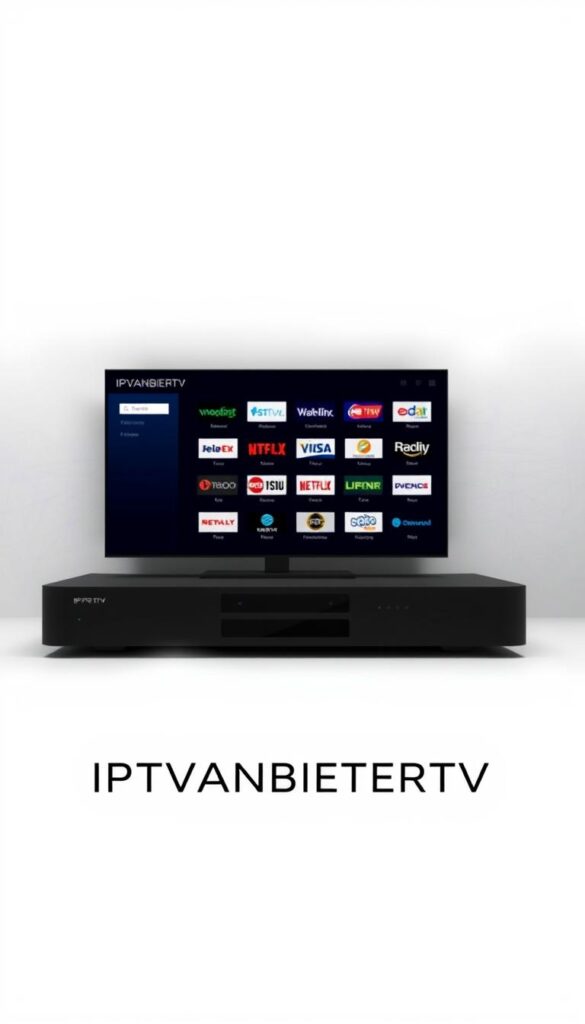 A sleek, minimalist interface showcasing a comprehensive IPTV provider list. The foreground features the IPTVANBIETERTV brand logo, stylishly rendered in a modern, sans-serif typeface. In the middle ground, a neatly organized grid of IPTV service provider logos, each conveying a sense of professionalism and reliability. The background depicts a subtle, abstract pattern suggestive of digital connectivity, with muted tones and a slightly desaturated palette to create a sophisticated, elegant atmosphere. Soft, diffused lighting illuminates the scene, accentuating the clean, high-quality presentation of the IPTV offerings.