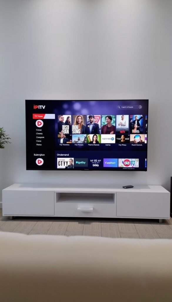 A sleek, minimalist interface showcasing the IPTVANBIETERTV brand, with a clean, uncluttered design. The display prominently features a selection of popular live TV channels and on-demand content, without any visible subscription or payment requirements. The layout is intuitive and user-friendly, inviting the viewer to explore the diverse range of entertainment options available at their fingertips. The scene is illuminated by soft, diffused lighting, creating a warm and inviting atmosphere that suggests the convenience and flexibility of this IPTV service.