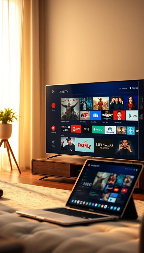 A sleek, minimalist interface showcasing the IPTVANBIETERTV platform's intuitive design and user-friendly layout. In the foreground, a modern smart TV displays a selection of premium live TV channels and on-demand content, bathed in warm, diffused lighting that creates a cozy, inviting atmosphere. The middle ground features a laptop or tablet, highlighting the versatility of IPTVANBIETERTV's cross-device compatibility, while the background subtly suggests a comfortable living room setting, emphasizing the seamless integration of the service into the home environment. The overall composition conveys a sense of accessibility, affordability, and high-quality entertainment, aligning with the section's focus on IPTVANBIETERTV's pricing and subscription options.