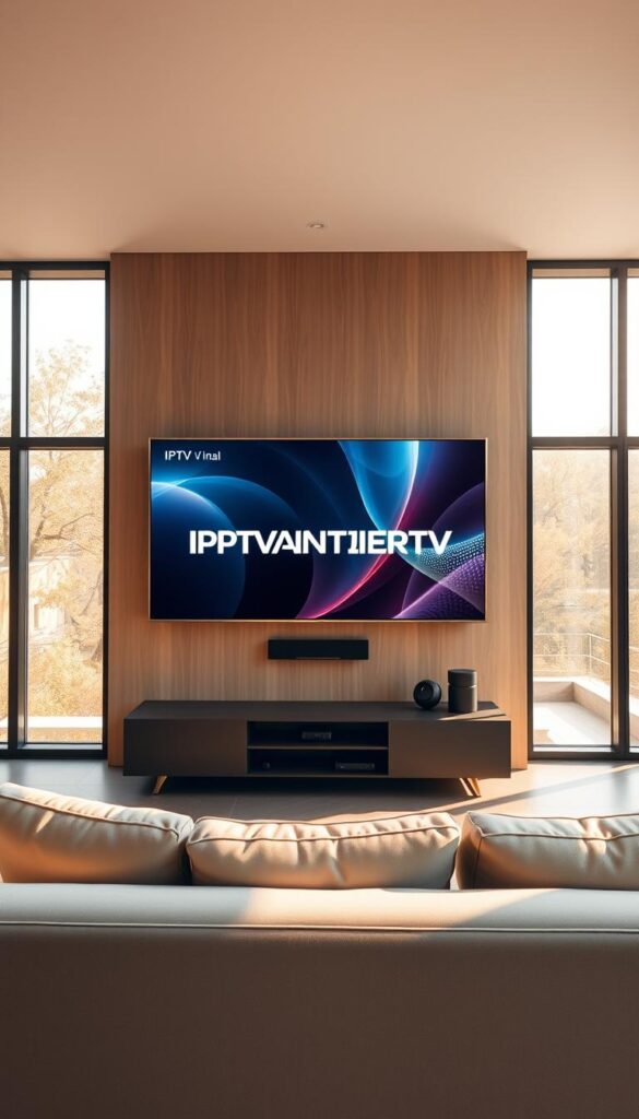 A sleek, minimalist interior with a large, high-definition television displaying a vibrant IPTV interface. The room is flooded with warm, natural lighting from large windows, creating a cozy and inviting atmosphere. In the foreground, a modern, comfortable sofa invites viewers to relax and enjoy the seamless IPTV experience. Prominently displayed on the screen is the brand name "IPTVANBIETERTV", showcasing its cutting-edge technology. The overall scene conveys the convenience, flexibility, and entertainment value of IPTV compared to traditional television services.