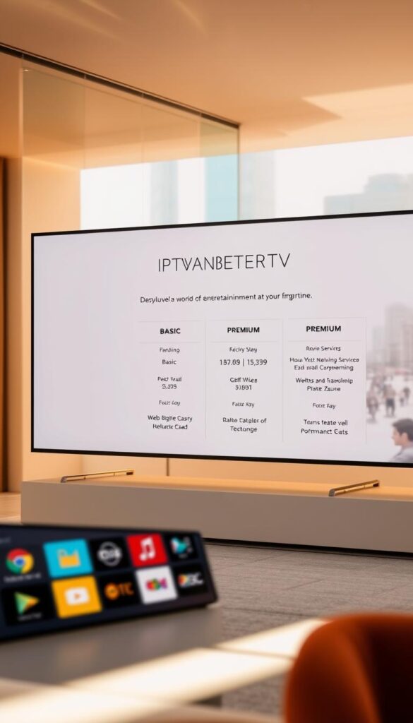A sleek, minimalist layout showcasing the IPTVANBIETERTV subscription options. In the foreground, a grid of colorful, modern icons representing the various service tiers - from basic to premium. In the middle ground, a clean, white background with elegant typography detailing the pricing and features of each tier. The background features a subtle, blurred cityscape, hinting at the global reach and international programming available. Warm, natural lighting casts a soft, inviting glow over the entire scene. The overall mood is one of professionalism, clarity, and the promise of a world of entertainment at your fingertips.