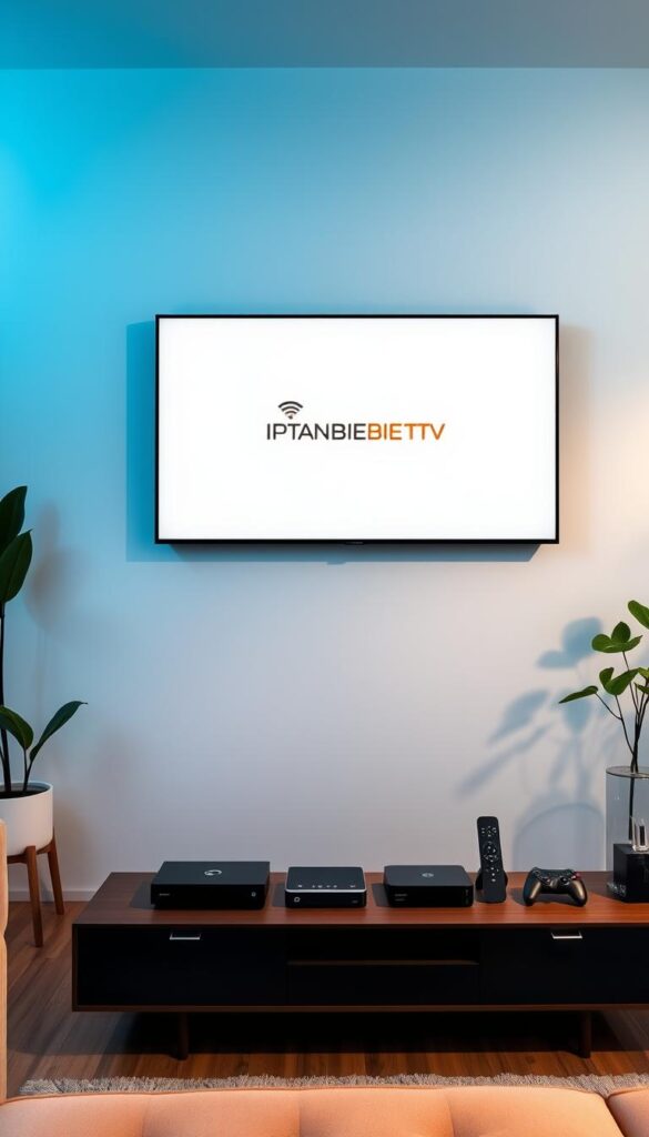 A sleek, minimalist living room scene with a large flat-screen TV mounted on the wall. The TV displays the IPTVANBIETERTV logo, showcasing its device compatibility. Soft, ambient lighting illuminates the room, creating a cozy and inviting atmosphere. A modern, low-profile entertainment unit houses various streaming devices, game consoles, and remote controls, highlighting the versatility of the IPTV service. The room is tastefully decorated with modern furniture, plants, and minimal decor, emphasizing the seamless integration of technology into the home environment.