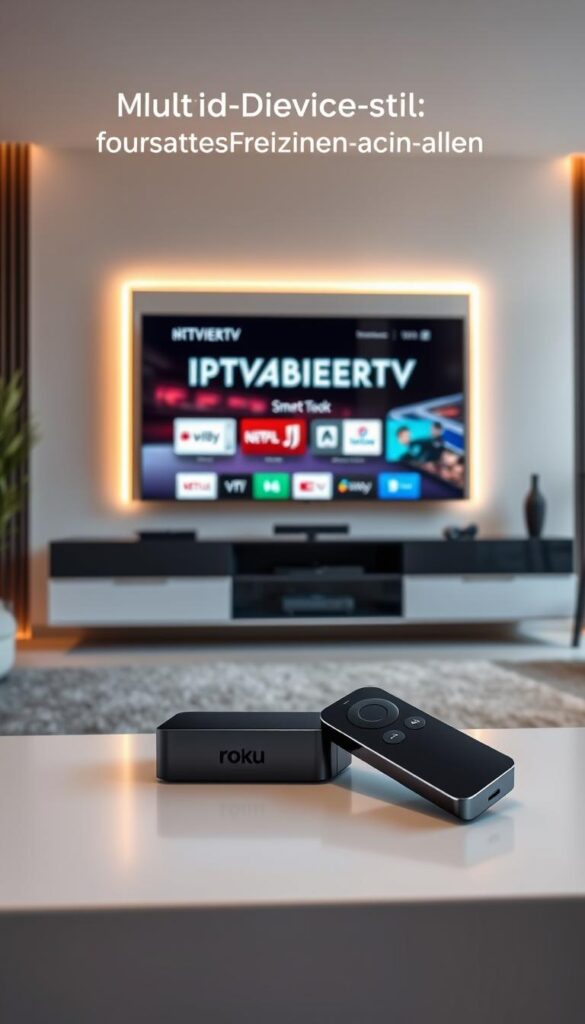 A sleek, minimalist living room scene with a state-of-the-art smart TV showcasing the IPTVANBIETERTV service. The TV is mounted on a stylish, modern wall unit, surrounded by sophisticated lighting and a cozy, inviting atmosphere. In the foreground, a high-end streaming device, such as a Roku or Apple TV, is prominently displayed, highlighting the seamless integration of IPTV technology across multiple devices. The overall composition emphasizes the flexibility and convenience of IPTV, creating a visually striking and aspirational representation of the "dt Multi-Device-Stil: Flexibles Fernsehen auf allen" concept.