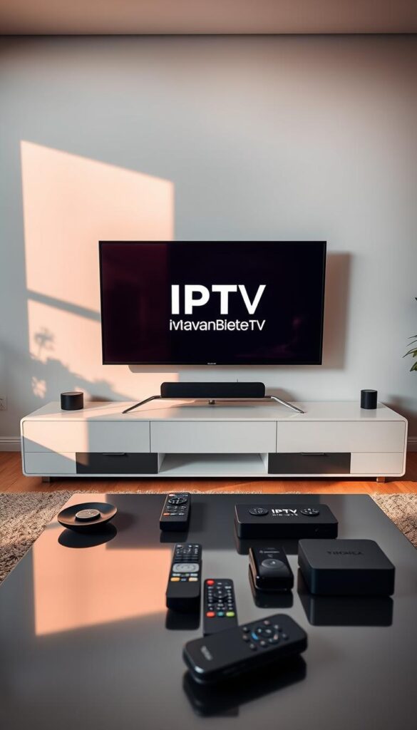 A sleek, minimalist living room setting with a large, state-of-the-art smart TV prominently displayed. The TV showcases the IPTVANBIETERTV logo, indicating its compatibility with the IPTV service. The room is bathed in warm, natural lighting, creating a cozy and inviting atmosphere. On the coffee table, a selection of remote controls and other multimedia devices are neatly arranged, suggesting the seamless integration of various compatible devices. The overall scene conveys the ease and versatility of using IPTVANBIETERTV across multiple platforms, catering to the modern, tech-savvy household.