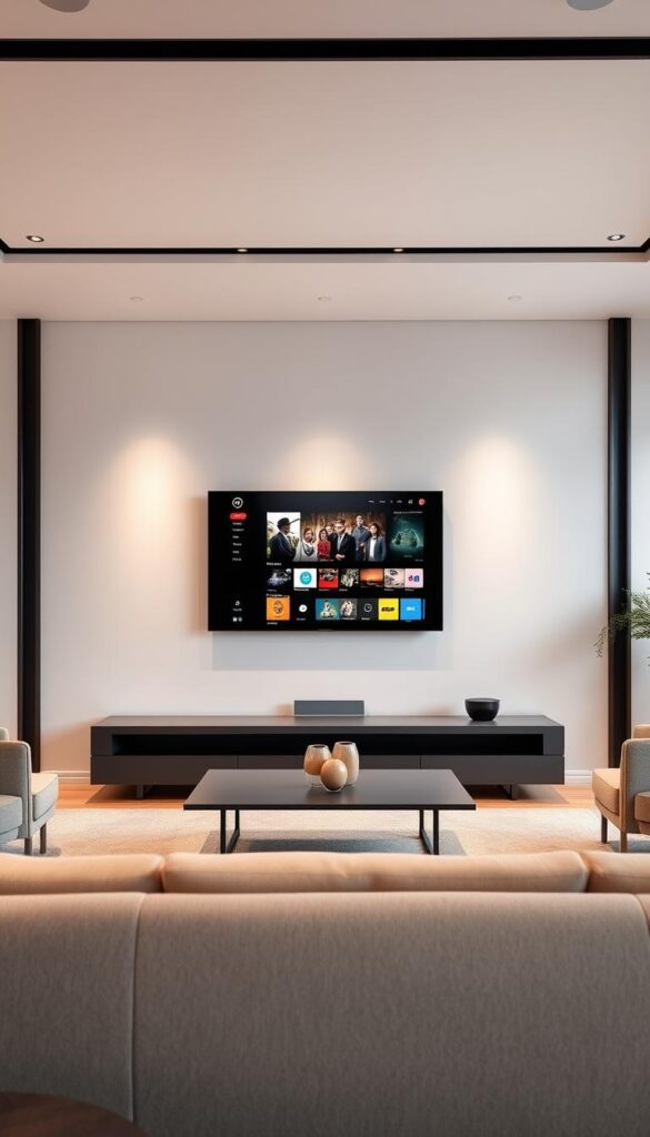A sleek, minimalist living room setup with a large, state-of-the-art smart TV prominently displayed. The TV screen showcases the elegant IPTVANBIETERTV user interface, highlighting its intuitive navigation and diverse content options. Soft, diffused lighting creates a warm, inviting atmosphere, while the room's modern decor and clean lines convey a sense of sophistication. The overall scene demonstrates the seamless integration of IPTVANBIETERTV's cutting-edge technology into a contemporary home environment, emphasizing its versatility and compatibility across various smart TV platforms.