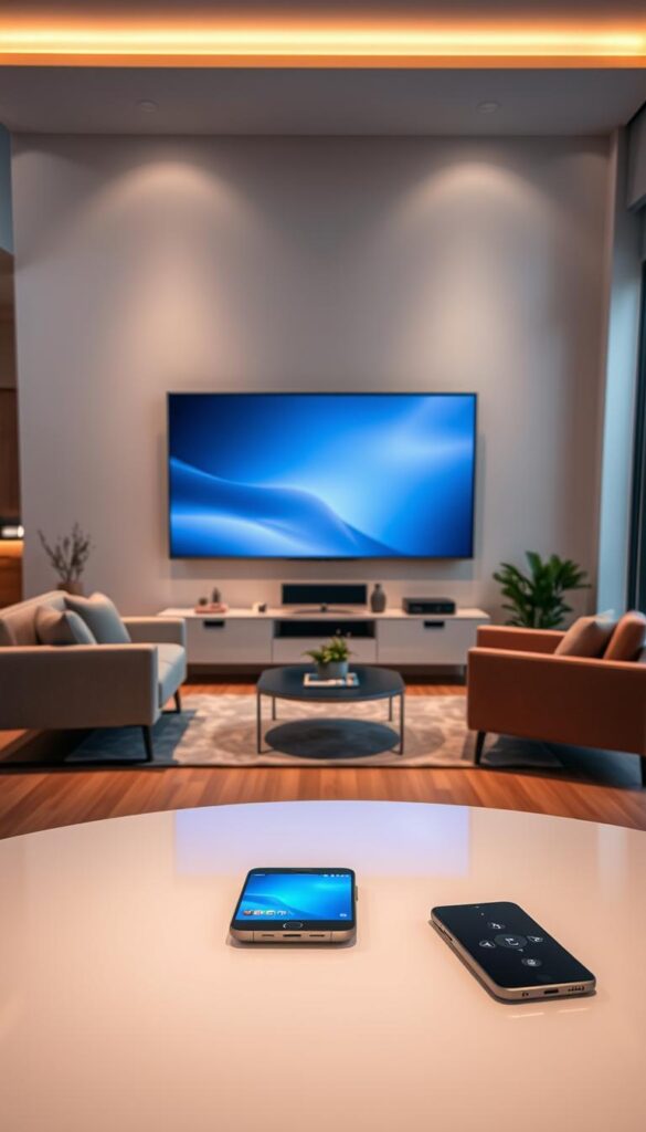 A sleek, minimalist living room with a large flatscreen TV mounted on the wall. In the foreground, a modern coffee table with a remote control and a smartphone, hinting at the seamless multidevice support of IPTVANBIETERTV. The middle ground features a comfortable sofa and armchair, creating a cozy atmosphere. Soft, indirect lighting illuminates the scene, casting a warm glow. The background showcases a clean, contemporary design with large windows, allowing natural light to fill the space. The overall scene conveys a sense of technological integration and user-friendly versatility.