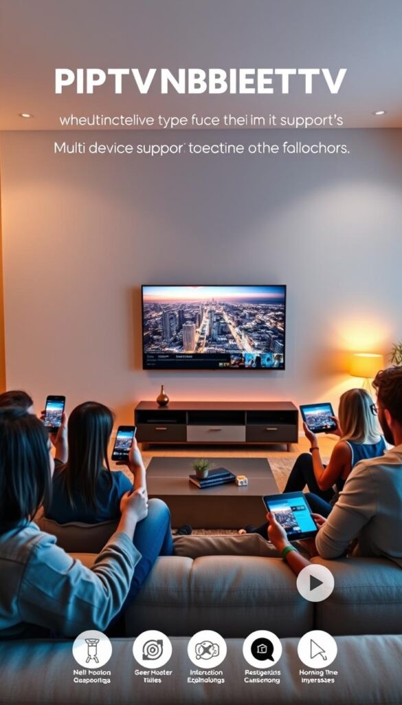 A sleek, minimalist living room with an expansive TV screen, showcasing the versatility of IPTVANBIETERTV's multi-device support. The room is bathed in warm, ambient lighting, creating a cozy and inviting atmosphere. In the foreground, a group of people are seamlessly sharing content across their smartphones, tablets, and laptops, highlighting the seamless integration and flexibility of the IPTV service. The middle ground features a modern, stylish entertainment center, while the background reveals a panoramic view of a cityscape, adding depth and sophistication to the scene.