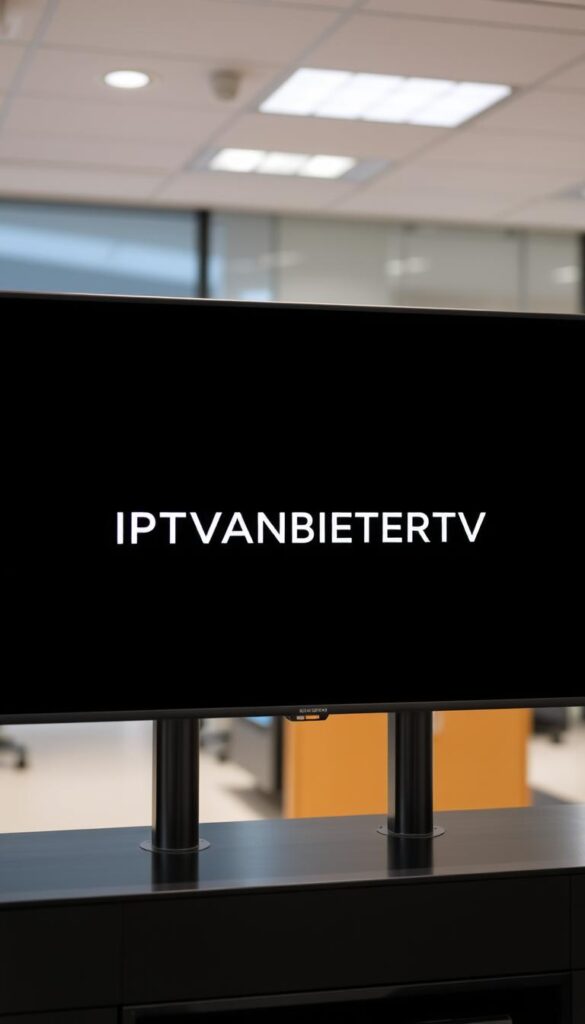 A sleek, minimalist logo for the leading IPTV provider in Germany, IPTVANBIETERTV, displayed on a modern, high-resolution screen. The logo is prominently featured, with a clean, sophisticated typeface and a subtle gradient effect. The screen is positioned in a well-lit, professional setting, with a blurred background that suggests an office or corporate environment. The overall impression is one of reliability, quality, and technological innovation, reflecting the brand's position as the premier IPTV service in the country.