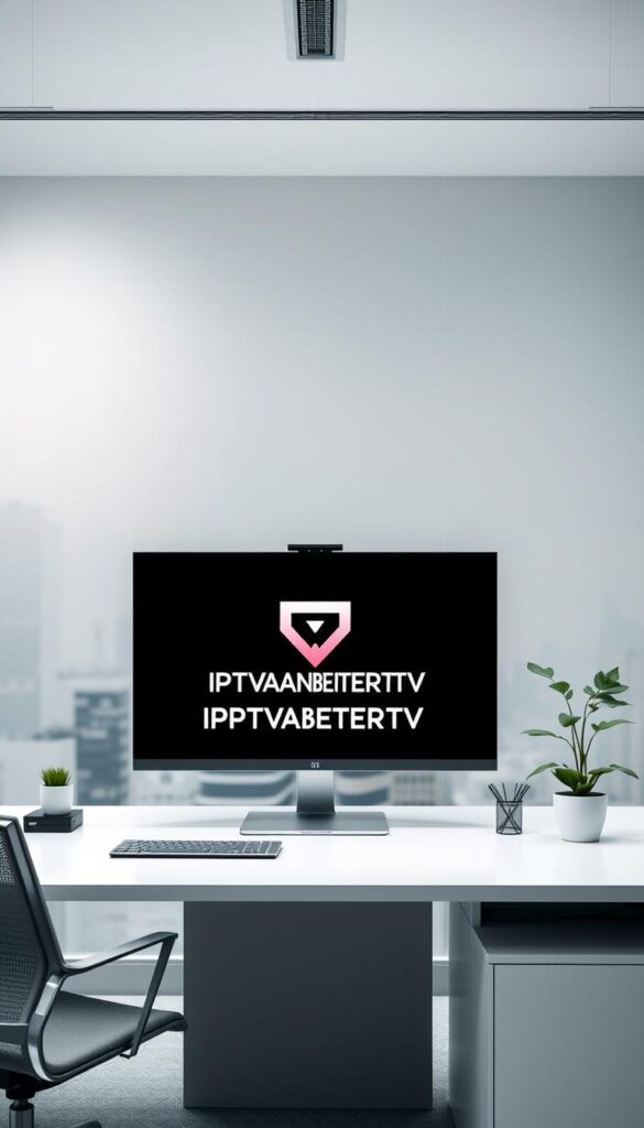 A sleek, minimalist office interior with a large, flat-screen monitor prominently displaying the IPTVANBIETERTV logo. The monitor is situated on a clean, white desk, surrounded by stylish office accessories and a potted plant. The lighting is soft and diffused, creating a professional and inviting atmosphere. The background features a blurred, modern cityscape, hinting at the company's urban and forward-thinking nature. The overall composition conveys a sense of technological sophistication and industry leadership.