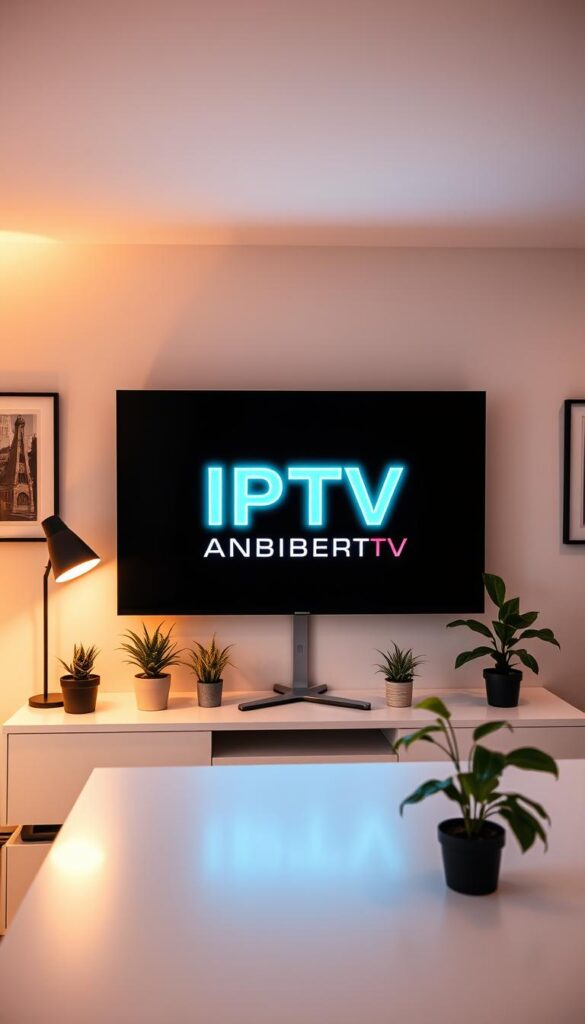 A sleek, minimalist office interior with a large flat-screen monitor prominently displaying the bold, neon-lit logo "IPTVANBIETERTV". The room is bathed in a warm, soft light, creating a cozy and inviting atmosphere. The monitor is situated on a clean, modern desk, surrounded by a few potted plants and a stylish desk lamp. The walls are painted in a neutral, calming color palette, with a few framed art pieces providing subtle visual interest. The overall scene conveys a sense of professionalism, reliability, and attention to detail - qualities that would be desirable in an IPTV service provider.