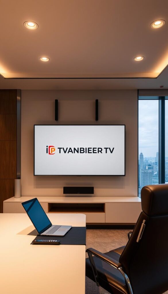 A sleek, minimalist office interior with a large, flat-screen television mounted on the wall. The TV displays the IPTVANBIETERTV logo in a modern, sans-serif font against a clean, gray background. The room is bathed in warm, diffused lighting from recessed ceiling fixtures, creating a professional and inviting atmosphere. In the foreground, a high-end office desk with a laptop, tablet, and wireless remote control, hinting at the flexibility and control offered by the IPTV service. The middle ground features a comfortable leather chair, suggesting the ease of use and relaxed viewing experience. The background showcases floor-to-ceiling windows, offering a panoramic view of a vibrant, urban skyline, conveying a sense of connectivity and the vast array of content available through the IPTV platform.