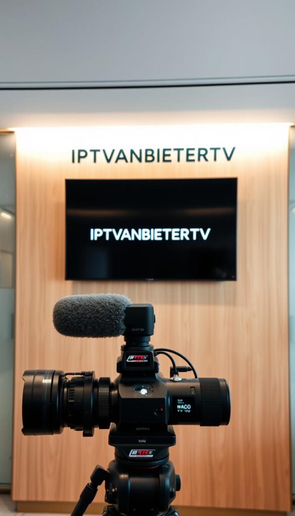 A sleek, minimalist office interior with a large wall-mounted monitor displaying the IPTVANBIETERTV logo in a clean, modern typeface. The monitor is positioned on a stylish, wooden-paneled wall, with subtle ambient lighting illuminating the space. In the foreground, a high-quality, professional-grade camera and microphone setup suggest a video conferencing or content creation area. The overall atmosphere conveys a sense of technological sophistication and industry leadership.