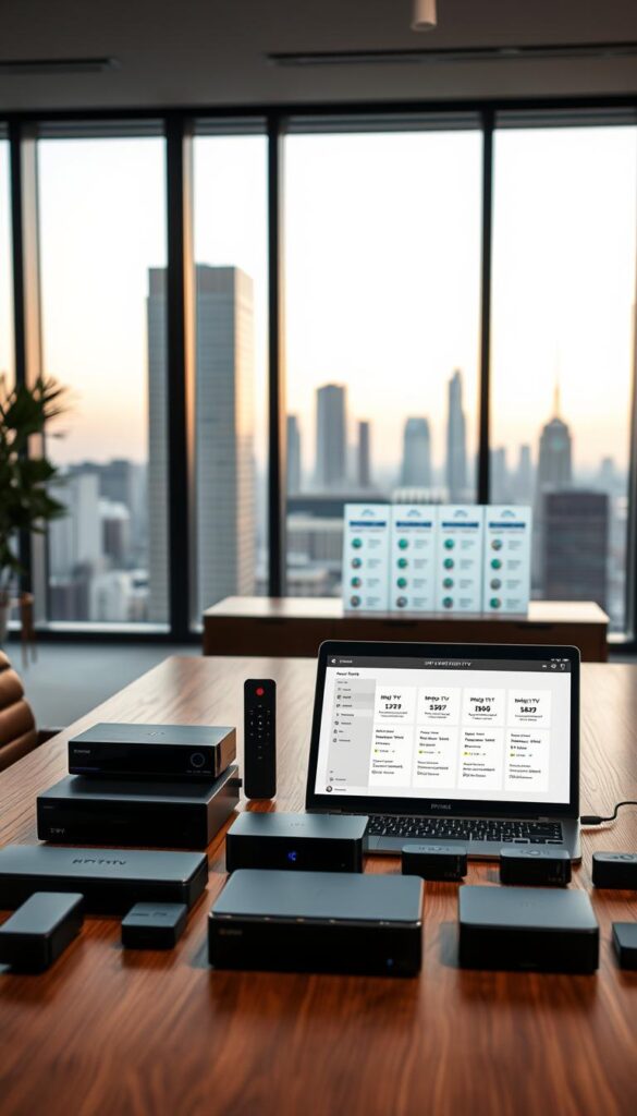 A sleek, minimalist office interior with large windows overlooking a city skyline. In the foreground, a wooden table displays various IPTV device models, including set-top boxes and streaming dongles, arranged neatly. The middle ground features a laptop open to an IPTVANBIETERTV pricing page, showcasing different subscription tiers and service options. The background is dimly lit, with warm, soft lighting accentuating the modern, sophisticated atmosphere. The overall scene conveys a sense of professionalism and attention to detail, reflecting the careful consideration of IPTV pricing models.