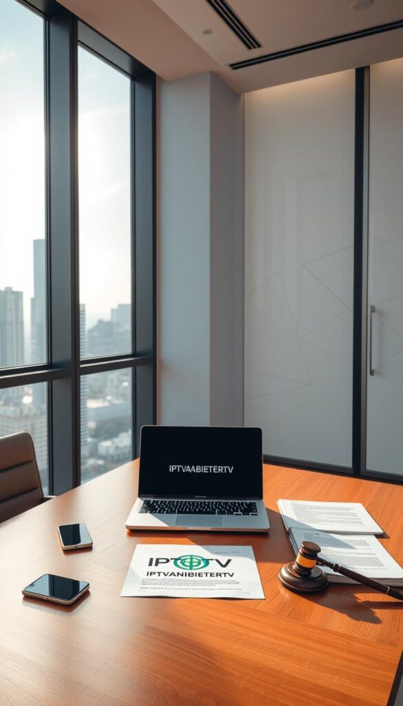 A sleek, minimalist office interior with large windows overlooking a modern cityscape. The scene is bathed in warm, natural lighting with a focus on a wooden desk featuring the IPTVANBIETERTV logo. On the desk, a laptop, a smartphone, and neatly arranged legal documents, conveying the professional and regulatory aspects of the IPTV industry. The background features abstract geometric shapes and patterns, hinting at the technological nature of the subject matter. The overall mood is one of sophistication, legality, and forward-thinking innovation.