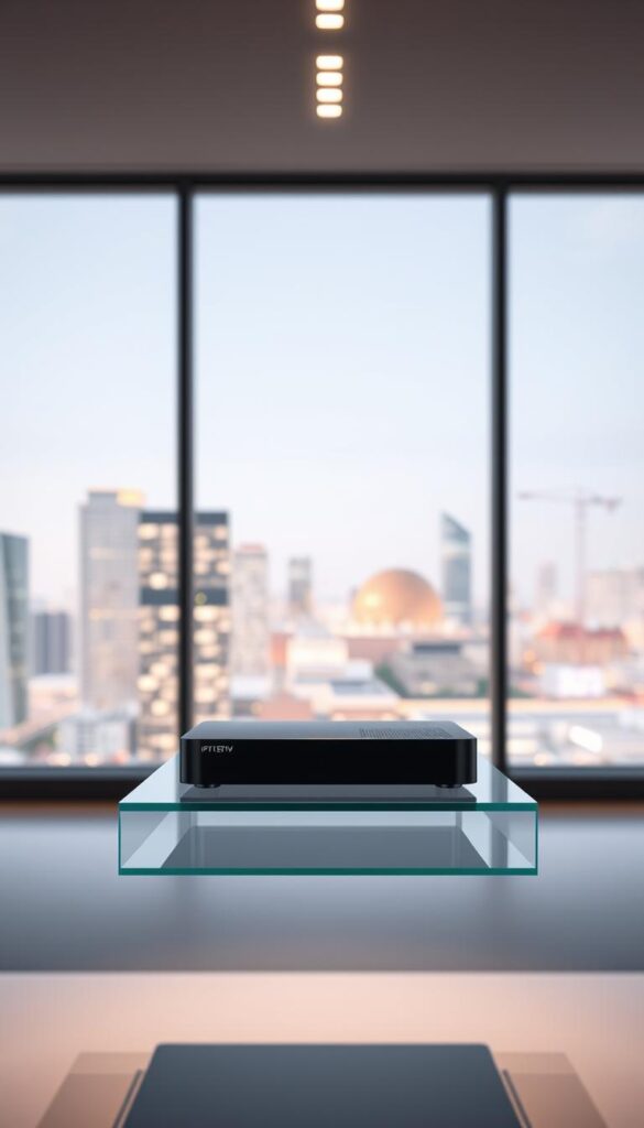 A sleek, minimalist office interior with large windows overlooking a vibrant city skyline. The focal point is a high-quality IPTVANBIETERTV media streaming device prominently displayed on a modern, floating glass desk. Soft, directional lighting from above illuminates the device, showcasing its clean design and premium materials. The background features a subtle, blurred urban landscape, creating a sense of technology and innovation. The overall mood is sophisticated, professional, and visually striking, reflecting the leading position of IPTVANBIETERTV in the German IPTV market.