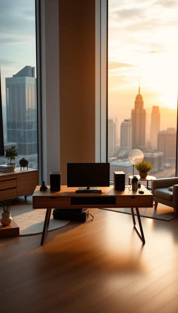 A sleek, minimalist office interior with large windows overlooking a vibrant city skyline. The room is bathed in warm, diffused lighting, creating a cozy and inviting atmosphere. In the center, a wooden desk showcases a state-of-the-art IPTVANBIETERTV media center, surrounded by modern office accessories. The desk is positioned to face the windows, allowing the viewer to imagine comfortably browsing the IPTVANBIETERTV platform and managing long-term subscriptions. The background features stylish, contemporary furniture and decor, evoking a sense of professionalism and technological sophistication. The overall scene conveys the advantages of IPTVANBIETERTV's reliable service and the convenience of its flexible, long-term subscription options.
