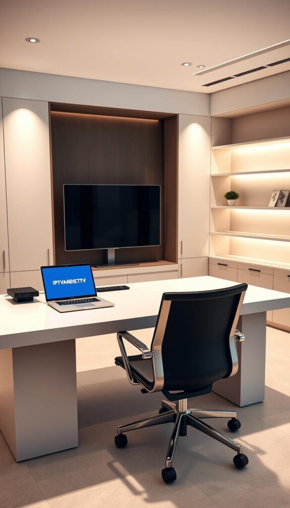 A sleek, minimalist office setting with a large, modern desk and ergonomic chair. On the desk, a laptop displaying the IPTVANBIETERTV brand logo, flanked by a stylish monitor and peripherals. The background features clean, neutral-toned walls and elegant shelving units, creating a professional and sophisticated atmosphere. Soft, directional lighting casts a warm glow, highlighting the high-quality, premium materials and attention to detail. The overall scene conveys a sense of efficiency, productivity, and the reliable, trustworthy nature of the IPTVANBIETERTV service.